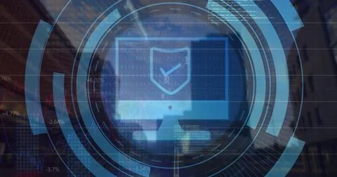 Image of shield, desktop icon, binary codes, computer language over modern Stock Illustration