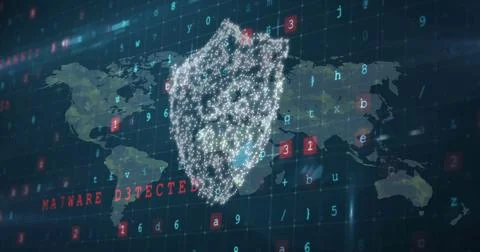 Image of shield, digital data processing and world map over dark background 스톡 일러스트