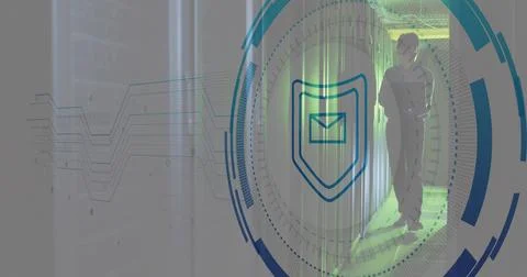 Image of shield, envelope, circles, asian male engineer walking and using laptop Stock Illustration