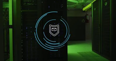 Image of shield with envelope icon and circles over server room Stock Photos