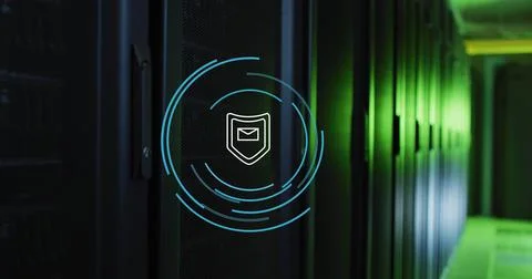 Image of shield with envelope icon and circles over server room Stock Photos