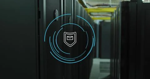 Image of shield with envelope icon and circles over server room Stock Photos