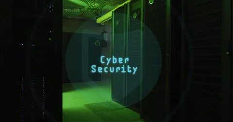 Image of shield icon and cyber security text over computer servers Stock Illustration