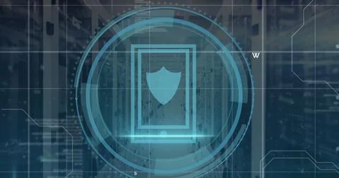 Image of shield icon and data processing over computer servers Stock Illustration