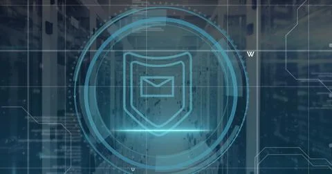 Image of shield icon and data processing over computer servers Stock Illustration