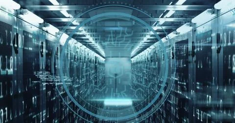 Image of shield icon and data processing over computer servers Stock Photos