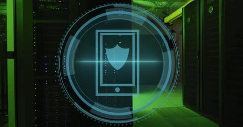 Image of shield icon and digital data processing over computer servers Illustrazione stock