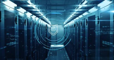 Image of shield icon and digital data processing over computer servers Stock Photos