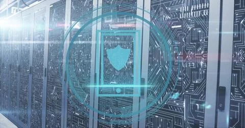 Image of shield icon and digital data processing over computer servers Stock Photos