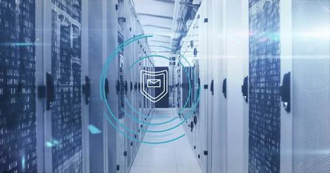Image of shield icon and digital data processing over computer servers Stock Photos