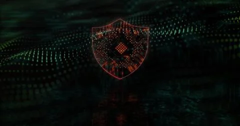 Image of shield icon with computer circuit board over spots on black background Foto stock