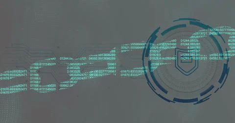 Image of shield icon over data processing on black background 库存插图