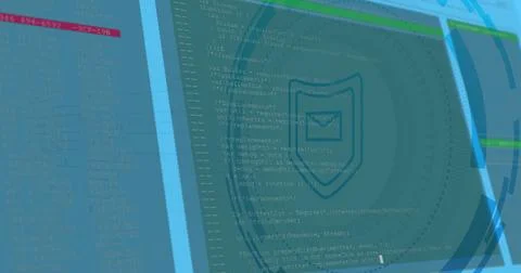 Image of shield icon over data processing on blue background Stock Illustration