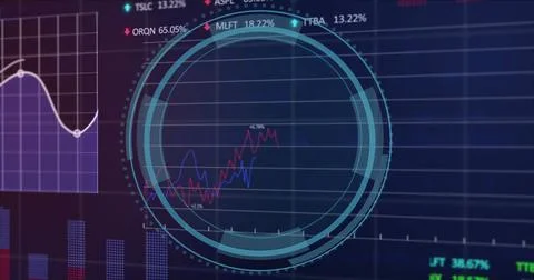 Image of shield in loading circles over multiple graphs, trading boards and.. Stock-Fotos
