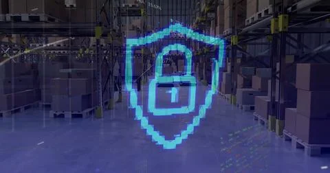 Image of shield with padlock and data processing over warehouse Stockfoto's