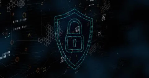 Image of shield with padlock icon and data processing on black background 스톡 사진