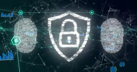 Image of shield with padlock icon over network of connections on black 스톡 사진
