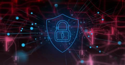 Image of shield with padlock icon over network of connections on black 스톡 사진