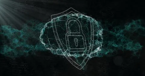 Image of shield with padlock icon over digital brain on black background Stock Photos