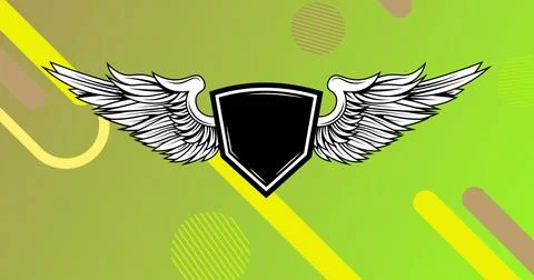 Image of shield with wings and copy space and neon lines moving over green .. Stock Photos