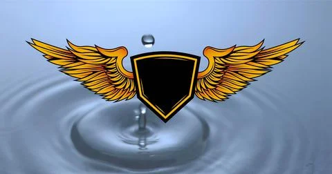 Image of shield with wings over drop falling into water Fotos Stock