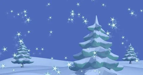 Image of shining star icons falling over trees on winter landscape with copy Illustrazione stock