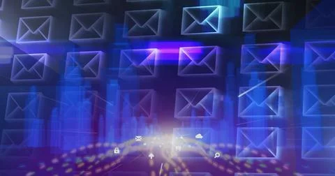 Image of shopping icons floating with graphs over multiple envelope icons Stock Illustration