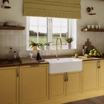 The image showcases a classic kitchen interior with the yellow. 3D illustration. イラスト素材