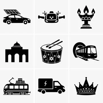 The image showcases a compilation of nine distinct icons displayed in a grid. Stock Illustration