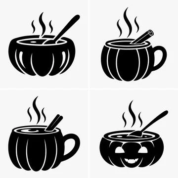 This image showcases four black pumpkin-shaped containers, two resembling bow Stock Illustration