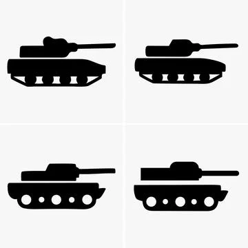 Image showcases four distinct tank icons, each rendered in solid black, diffe Stock Illustration