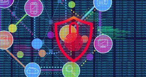 This image showcases a network of connections made up of digital icons 스톡 사진