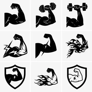 Image showcases nine different black and white muscular arm representations, Stock Illustration