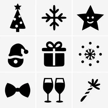 The image showcases a set of nine distinct black pictograms arranged on a whi Stock Illustration