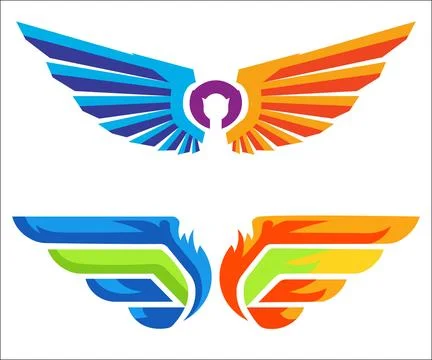 The image showcases two distinct logo designs featuring stylized wings in bri Stock Illustration