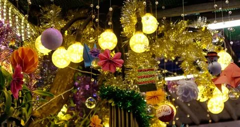 Image showcasing an array of holiday-themed lanterns and toys Stock-Fotos