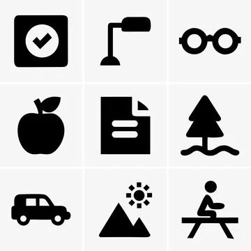 Image showcasing nine different black simple icons including a check mark, a Stock Illustration