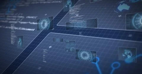 Image showing futuristic digital interface with data processing in global Foto stock