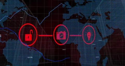 This image shows a blue statistic line, graph, and world map over a white grid 스톡 사진