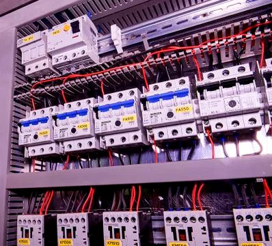 Image shows circuit breakers and electrical contactors, brand SCHRACK. Close-up Stock-Fotos