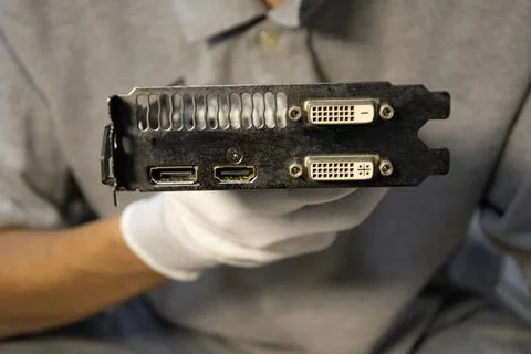 The image shows the connection ports of a computer graphics card. Stock Photos