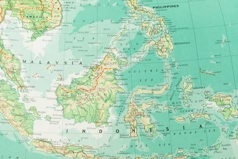 The image shows a detailed section of a world map focusing on Southeast Asi.. Stock Photos