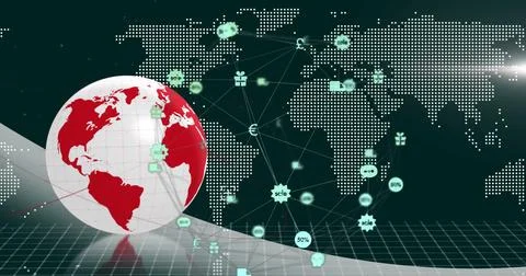This image shows a digital interface with a globe of network connections an.. Foto stock