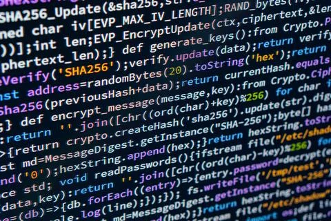 Image shows a dynamic representation of cascading C code flowing down a water Stock Photos