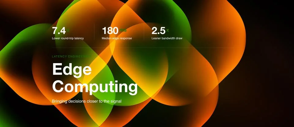 Image shows edge computing concept. Metrics highlight latency, response time, Stock Illustration