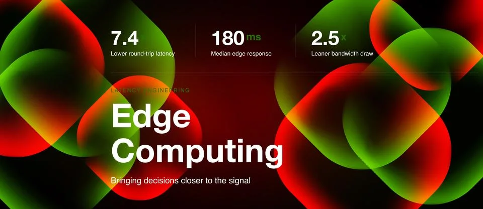 Image shows edge computing concept. Metrics highlight latency, response time, Stock Illustration