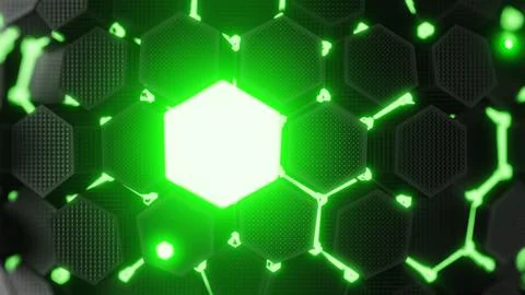 The image shows a hexagonal grid glowing with neon green light in a futuristic Иллюстрация