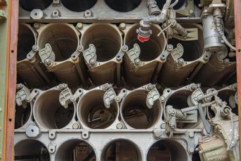 Image shows an opened aircraft engine with internal components, including c.. Stock Photos