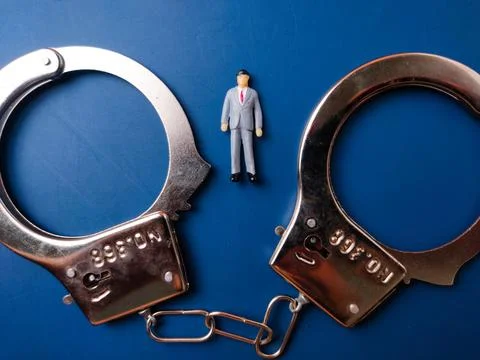 The image shows a pair of handcuffs with a small figurine of a person in a .. Stock Photos