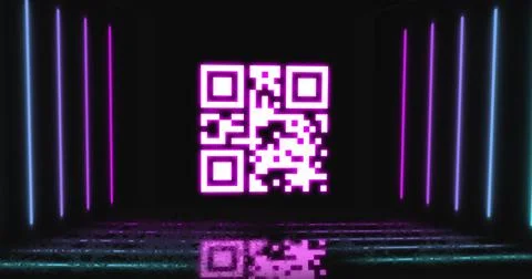 This image shows a pink qr code flickering with pink and blue neon lines on a Stockfoto's